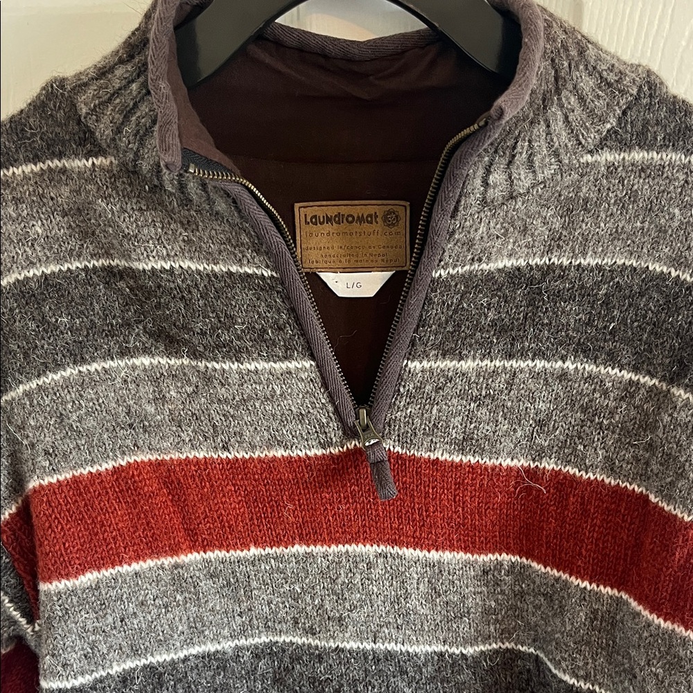 Laundromat Men's Striped Zip-Up wool Sweater - Gray and Red